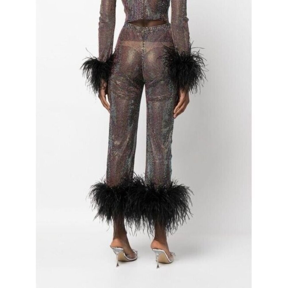 Sheer Iridescent Feather-Trim Pants - Black